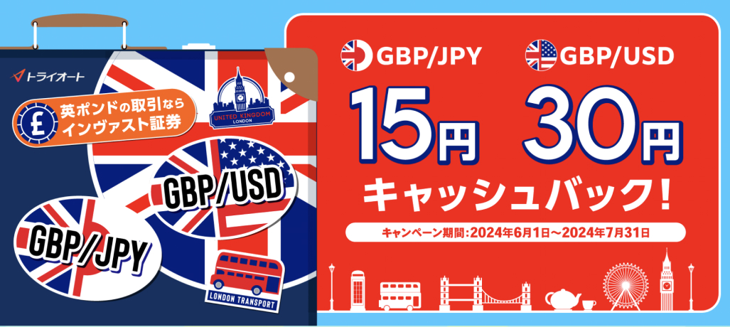 GBP/JPY 15円、GBP/USD30円キャッシュバック