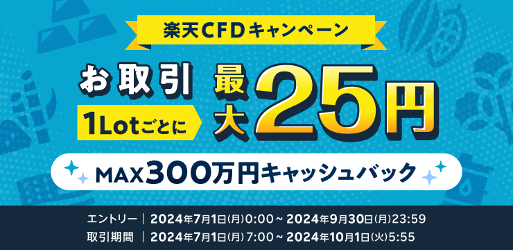 楽天CFDキャンペーン1lotごとに最大25円MAX300万円キャッシュバック