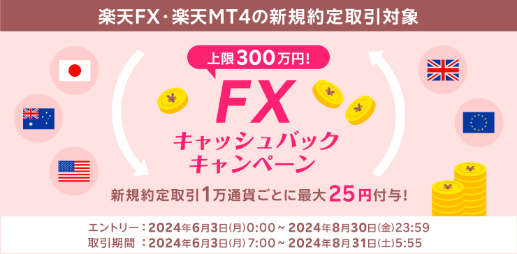 楽天FX・楽天MT4の新規約定取引対象　上限300万円！FXキャッシュバックキャンペーン