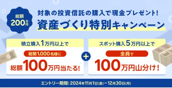 【総額200万円】対象の投資信託の購入で現金プレゼント！資産づくり特別キャンペーン＜NISAも対象＞