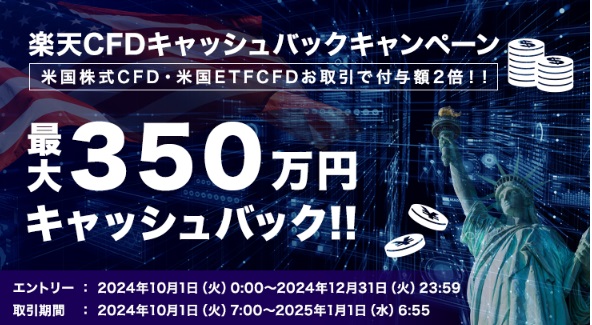 米国株式CFD・米国ETFCFD 取引で付与額2倍！最大350万円楽天CFDキャッシュバックキャンペーン