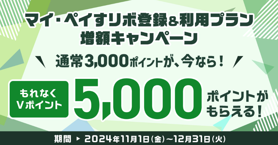 もれなくVポイント5,000ポイントがもらえる！

マイ・ペイすリボ登録＆利用プラン 増額キャンペーン