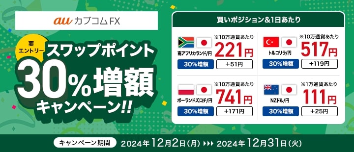 【要エントリー】auカブコムFX スワップポイント30%増額キャンペーン